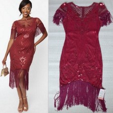 Unique Vintage 1920s Beaded Fringed Nadine Flapper Dress Burgundy Size S/4 NEW
