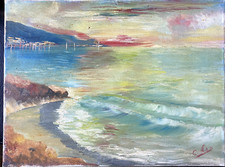 ::ÖLGEMÄLDE STRAND MEER °UNLESERLICH SIGNIERT KÜSTE MEER WELLEN BOOTE SEGELBOOT