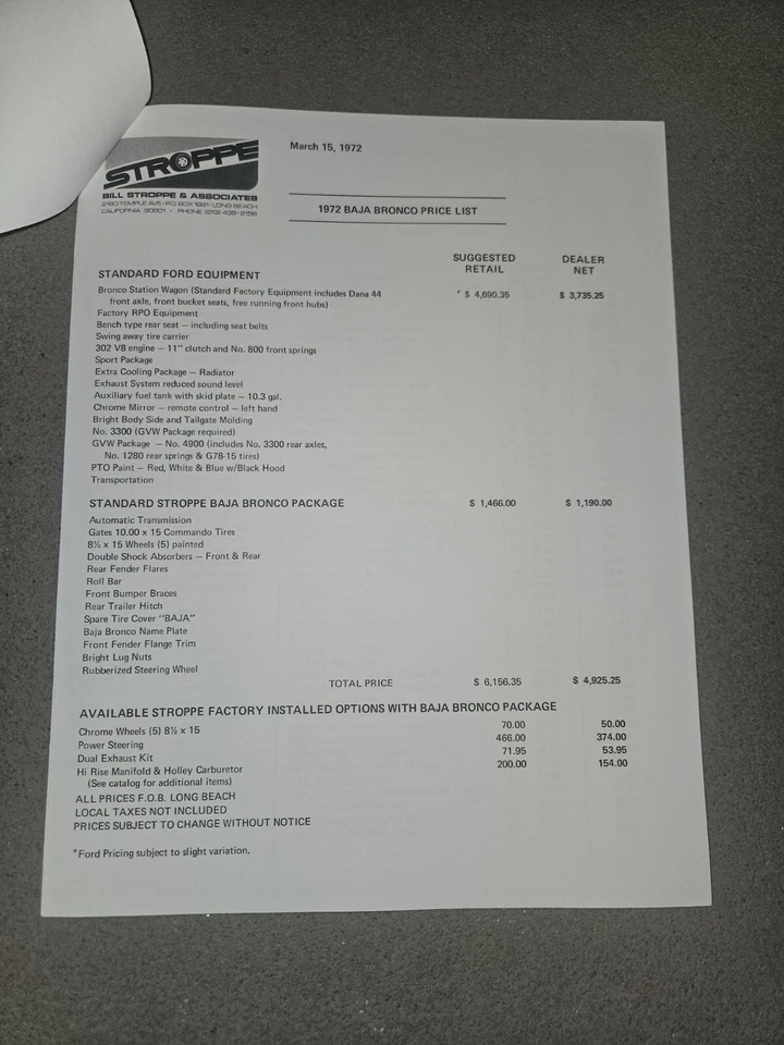 Bill Stroppe Ford Dealer Baja Bronco Price List 1972 - Image 4 of 4