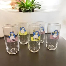Vintage Suntory Penguin Beer Glass Pair Set Of 5 Yellow Pink Used Japan Limited