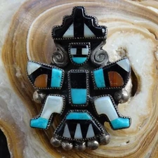 Vintage Zuni Knifewing Small Pin Brooch Inlay Turquoise Coral MoP Onyx Sterling