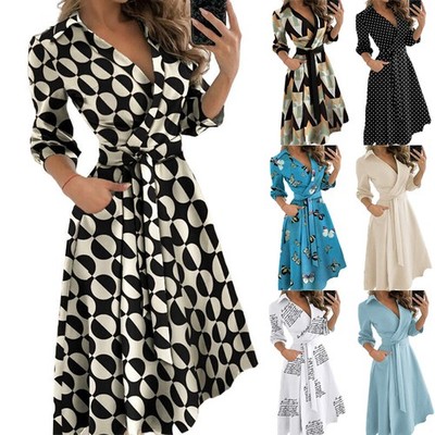 Damen Taillengürtel Wickelkleid Lockere Passform Mehrfarbiger Druck Maxikleider