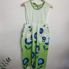 Vintage Design House Apron Dress Green Blue Flowers Retro Cottage Traditional