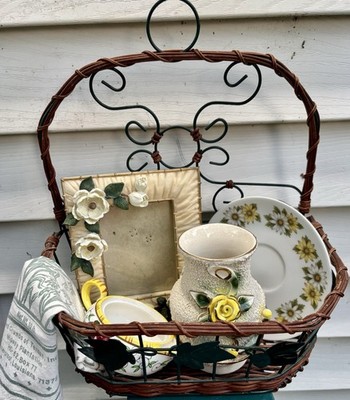Vintage Cottage Farmhouse Wall Basket Decor Lot Vase Frame Rice Sack Plate