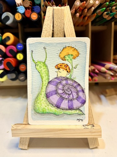 Aceo Original Painting Watercolor Mushroom in Love #4   2.5 x 3.5 Melissa Stagi