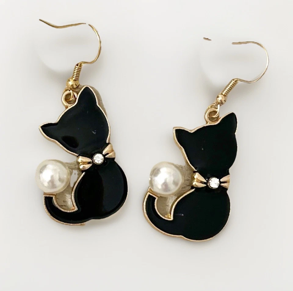 Betsey Johnson Black Rhinestone Pearl Kitty Cat Dangle Earrings NWT - Image 4 of 4