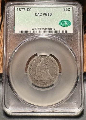 1877 CC Liberty Seated Quarter CACG VG-10 CAC - SKN 8015, Very Nice, Low Pop.