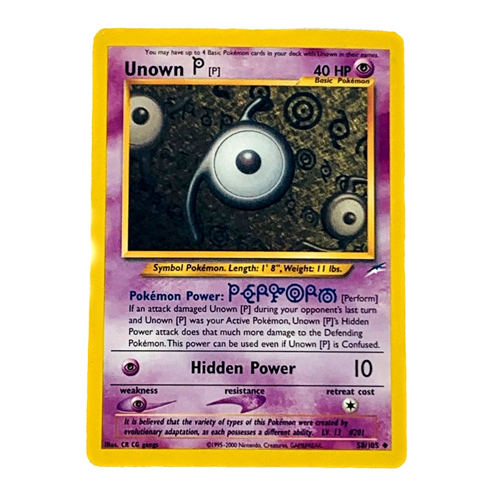 Unown Pokemon Card P 58/105 LV13 #201 Neo Basic Uncommon Destiny Used Good Shape