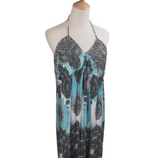 Women's Paisley Halter Maxi Dress Turquoise Black White Size 2X Boho Vacation