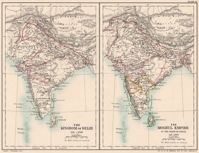 INDIA. Kingdom of Delhi c1340. Moghul Empire on Akbar's death 1605 1902 map