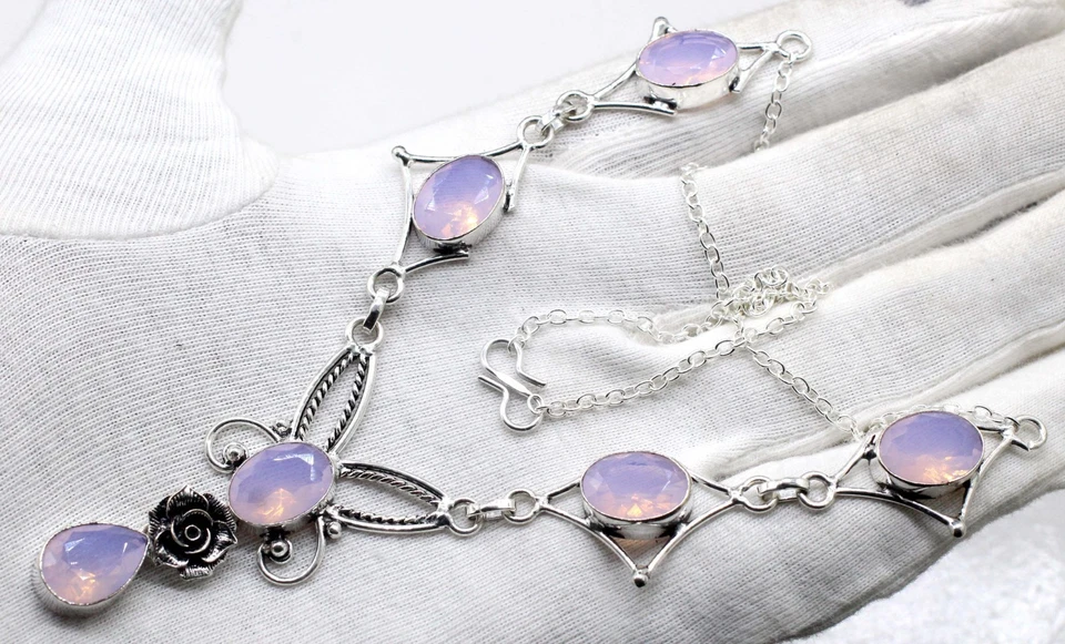 Pink Opalite Topaz Gemstone 925 Sterling Silver Jewelry Necklace Size-17-18" - Image 2 of 4