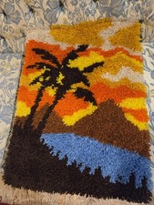 Awesome 1970's Mid Century Retro Latch Hook Rug Tapestry 27x20 Palm Tree Sunset