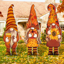 3 Pcs Fall Yard Decor Cute Autumn Gnome Yard Sign with Stakes 32 X 10 Inch Gnome