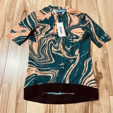 Souke Womens Sz M Full Zip Cycling Jersey Orange Green Swirl “Never Give Up” NWT