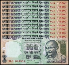 India 100 Rupees, 2013, P-105k, UNC, Plate Letter L, X 10 PCS