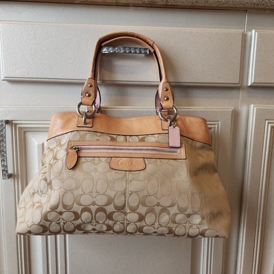 Coach Signature C Penelope Peach/Tan Leather/Canvas Tote Bag No