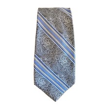 Pronto Uomo Couture Silk Mens Tie Handmade Paisley Striped Silver Blue