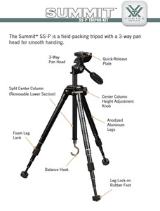 Vortex Summit SS-P Tripod. W/ carry bag, 3-Way Pan Head, QD plate, & Bino Mount