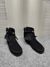Minnetonka Ankle Boots Women 7 Black Suede Double Fringe Side Zip Moccasin Shoes