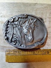 Native Horse Dress Belt Buckle Indian Pony Feathers Vintage 2000 Siskiyou