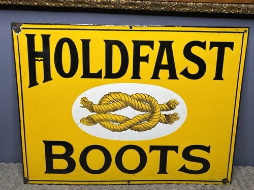 Vintage HOLDFAST BOOTS Shoes Porcelain Sign Original RARE Cowboy Knot Workwear