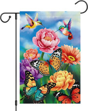 Spring Flower Welcome Garden Flag 12X18 Double Sided Burlap, Hummingbird Butterf