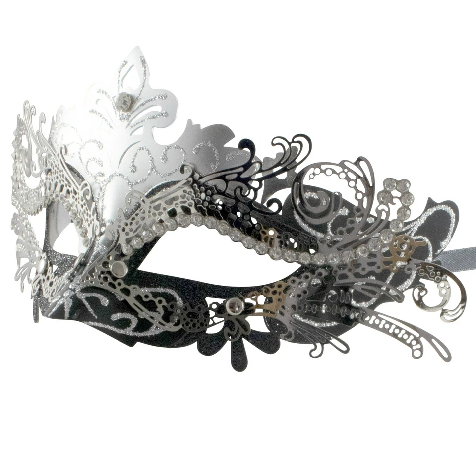 Silver Metal Lace Masquerade Mask | Venetian Silver Diamante Wedding Ball Mask - Image 3 of 4