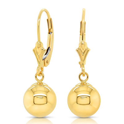 14K Real Solid Yellow Gold Shiny Polished Round Ball Dangle Drop Hoop Earrings