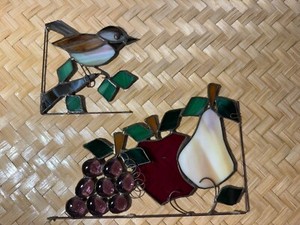 STAINED GLASS CORNER PIECES - GRAPES, Apple, Pear, Bird