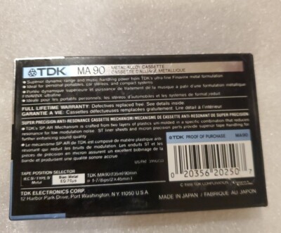専用【1】 One TDK MA 90 Type IV Metal Blank Cassette Tape Brand New 1988