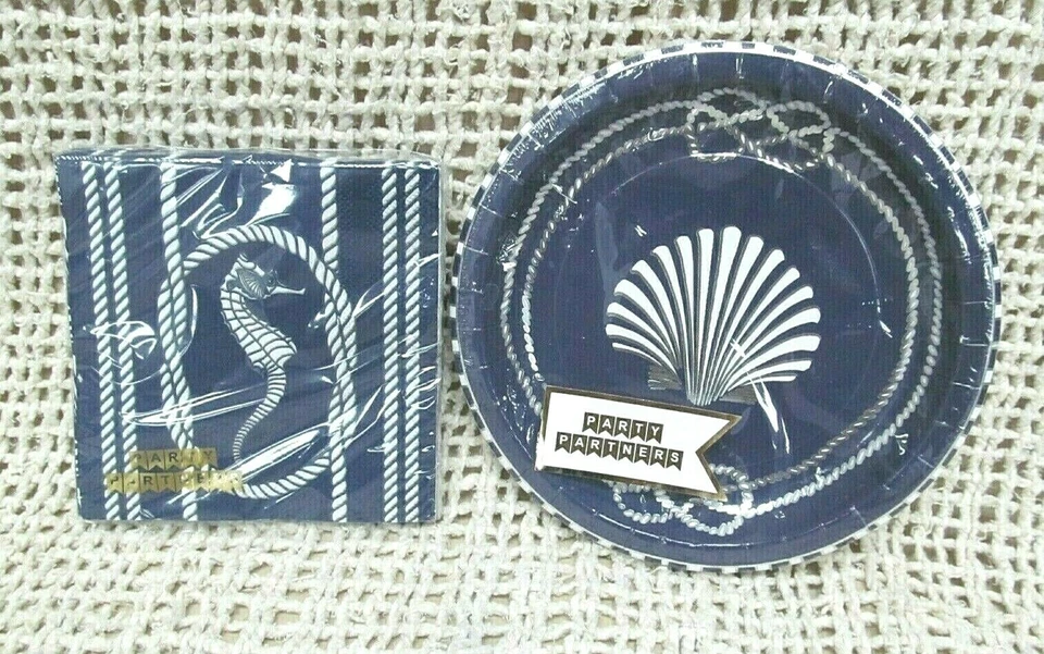 PARTY PARTNERS Azul y Blanco 8 Platos de Papel 7" Concha Marina 20 Servilletas Caballo de Mar ~ NUEVAS Foto 4 de 4