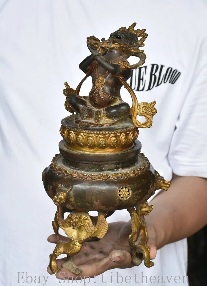 Queimador de incenso tibetano antigo dourado Mahakala Wrathful Deity Beast 12 " - Imagem 4 de 4