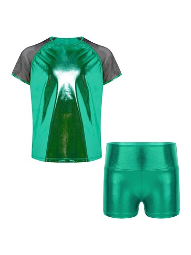 Girls Shiny Metallic Dance Outfit T-shirt and Shorts for Hip-Hop Jazz Street Set - Picture 11 of 36