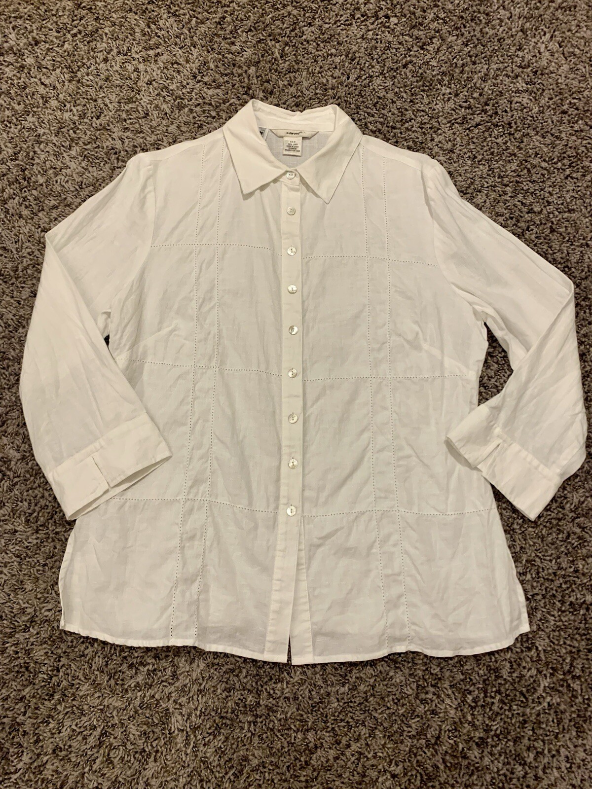 Edward Irish Linen Shirt Button Up Top 3/4 Sleeves Blouse White Womens Sz Med