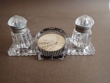 antique pressed glass INK WELLS with horse shoe & street scene