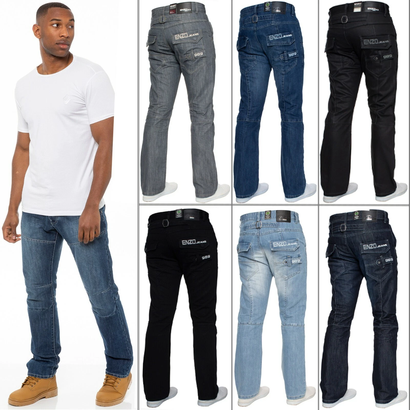 Enzo Mens Jeans Straight Leg Regular Fit Denim Trouser Pants All UK Waists Sizes