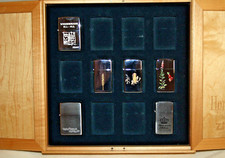 Zippo  Feuerzeug  6 versch. Motive  Chrome  mit  Holz-Sammelvitrine  12 er