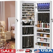 Jewelry Cabinet W/ Mirror LED Lights Wall Door Mount Storage Organizer New