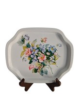 Vintage white Metal Tray with Flowers READ