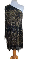SEXY GOLD METALLIC & BLACK SEQUIN ONE SHOULDER FRINGED STRETCH PARTY DRESS - SZ