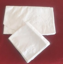 White Embroidered Cotton Round Tablecloth w/Cutouts 66 8 Napkins Never Used