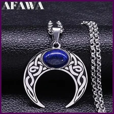 Vintage Crescent Moon Pendant Necklace Blue Stone Punk Chain Jewelry Women