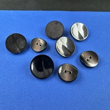 Vintage Black Plastic Buttons Lot 8 Mod Sculpted Round Sewing Craft Shiny