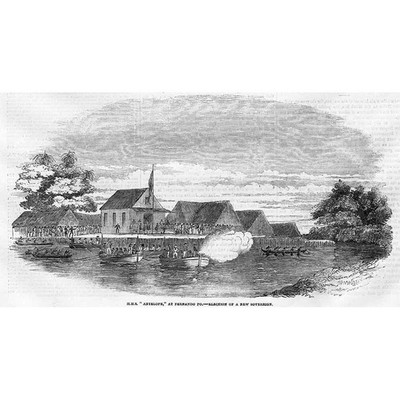 NIGERIA HMS Antilope at Fernando Po Election of a New Sovereign old print 1854