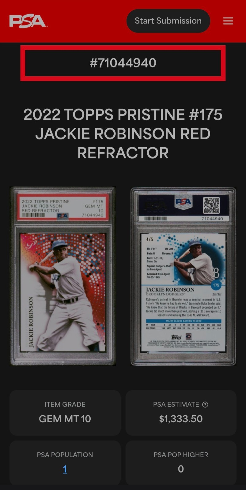 🔥 POP 1 🔥 2022 Topps Pristine Jackie Robinson RED REFRACTOR 4/5 HOF-PSA 10🔥 view 13