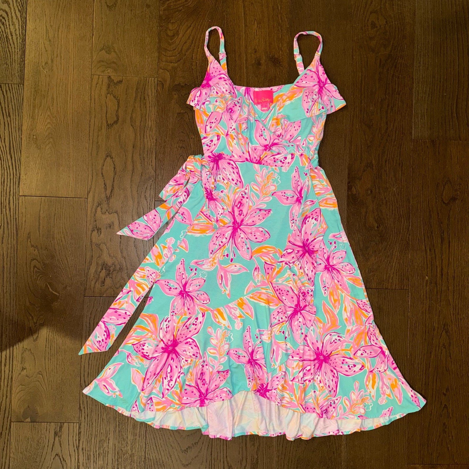 Lilly Pulitzer Fontaine Wrap Dress L Surf Blue Bonita Blooms High-Low Ruffles