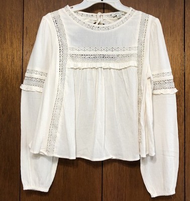 AEO Ivory Boho Peasant Blouse Lace Insets & Back Keyhole Closure S NWT $49.95