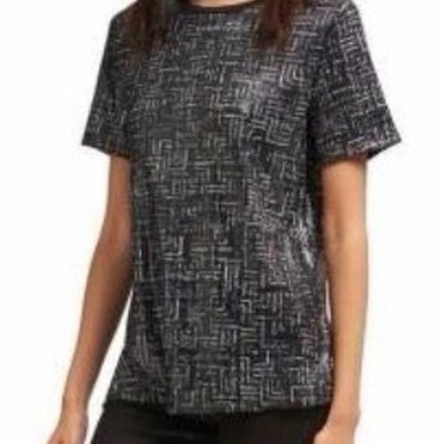 DKNY Women's Black & Silver Geometric Maze Sequin T-Shirt Size S NWT