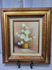 VTG Robert Cox Signed Still Life Floral 8"x 10" Oil Painting Wood & Gold Framed