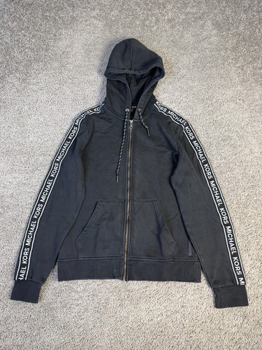 Michael Kors Hoodie Mens Medium Black Full Zip Tape Logo Fleece Cotton Blend